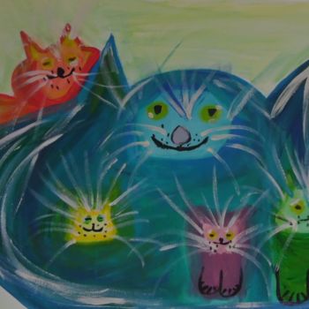 Картина под названием "Katzen Mama mit 4 K…" - Suzanne Von Schledorn, Подлинное произведение искусства, Акрил