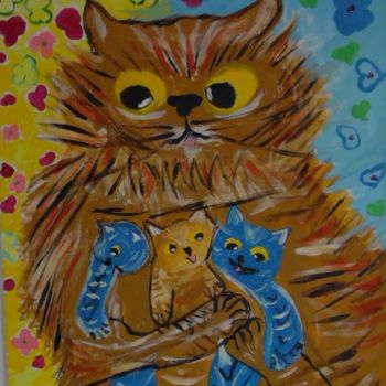 Malerei mit dem Titel "Katzenmama mit 3 Ki…" von Suzanne Von Schledorn, Original-Kunstwerk