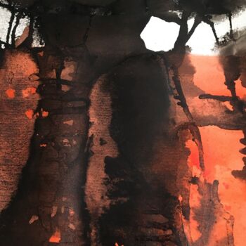 Peinture intitulée ""Forêt rouge"" par Suzelle Billioud, Œuvre d'art originale, Encre Monté sur Châssis en bois