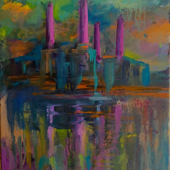 Painting titled "Battersea at Night" by Suzsi Corio, Original Artwork, Oil Mounted on Wood Stretcher frame