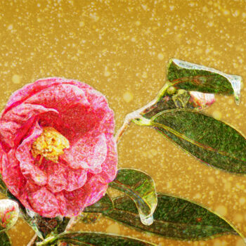 Digitale Kunst getiteld "Red camellia gold l…" door Svalvald Photo, Origineel Kunstwerk, Digitaal Schilderwerk