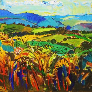Painting titled "Fields and mountain…" by Sveta Peuch, Original Artwork, Acrylic Mounted on Other rigid panel