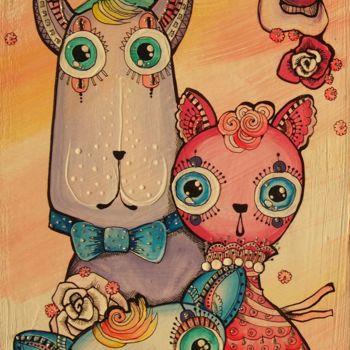 Peinture intitulée "Three Cats" par Svetlana Ganiuchenko, Œuvre d'art originale, Acrylique