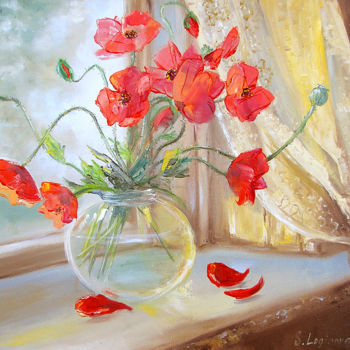 Painting titled "Poppy painting, ori…" by Svetlana Loginova, Original Artwork, Oil Mounted on Wood Stretcher frame