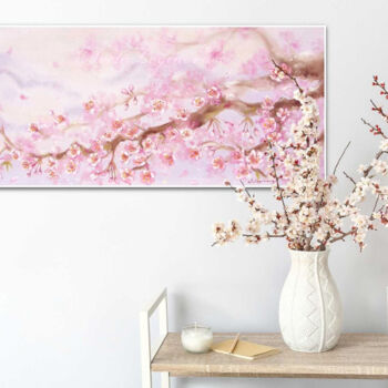 Painting titled "Cherry Blossom wall…" by Svetlana Loginova, Original Artwork, Oil Mounted on Wood Stretcher frame