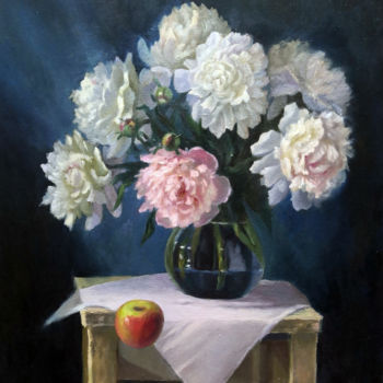 Painting titled "Peonies and an appl…" by Svetlana M. Belova, Original Artwork, Oil