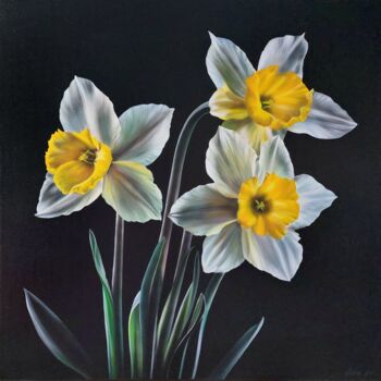 Painting titled "Daffodils on a blac…" by Svetlana Braznikova, Original Artwork, Acrylic