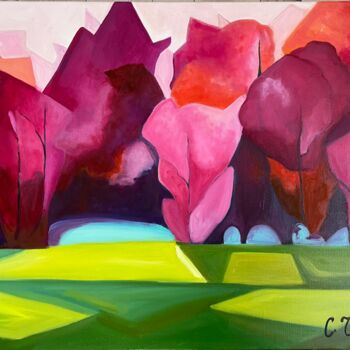 Картина под названием "Пурпурный лес" - Svetlana Chertova, Подлинное произведение искусства, Масло Установлен на Деревянная…