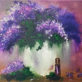Painting titled "Oil painting: Lilac…" by Svetlana Dorokhina, Original Artwork, Oil Mounted on Wood Stretcher frame