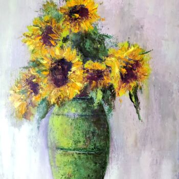 Painting titled "Sunflowers in a vase" by Svetlana Dushina, Original Artwork, Oil Mounted on Wood Panel