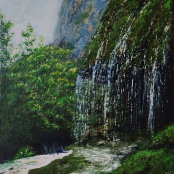 Pittura intitolato "Forest waterfall" da Svetlana Dushina, Opera d'arte originale, Olio
