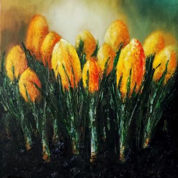 Painting titled "yellow tulips" by Svetlana Dushina, Original Artwork, Oil Mounted on Cardboard