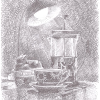 Рисунок под названием "Ночное чаепитие №2" - Светлана Фирсова, Подлинное произведение искусства, Шариковая ручка