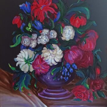 Painting titled "Flowers in a Vase O…" by Svetlana Sindere, Original Artwork, Oil Mounted on Wood Stretcher frame