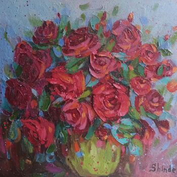 Malerei mit dem Titel "Roses flower Origin…" von Svetlana Sindere, Original-Kunstwerk, Öl Auf Karton montiert