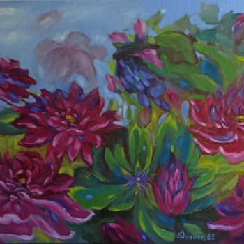 Malarstwo zatytułowany „Big Flowers Origina…” autorstwa Svetlana Sindere, Oryginalna praca, Olej Zamontowany na Drewniana ra…