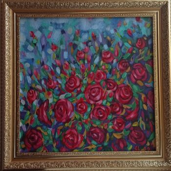 Pintura intitulada "Roses Original Oil…" por Svetlana Sindere, Obras de arte originais, Óleo Montado em Cartão