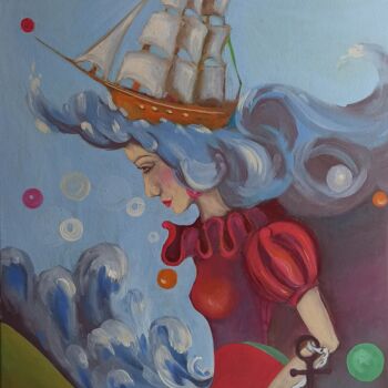 Painting titled "Fantasy Ship Origin…" by Svetlana Sindere, Original Artwork, Oil Mounted on Wood Stretcher frame