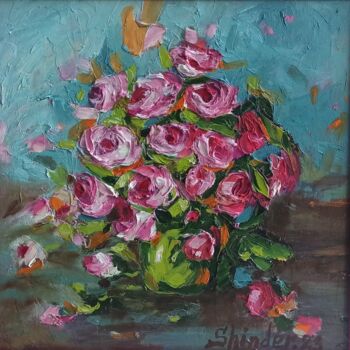 Painting titled "Roses Flowers In a…" by Svetlana Sindere, Original Artwork, Oil Mounted on Cardboard