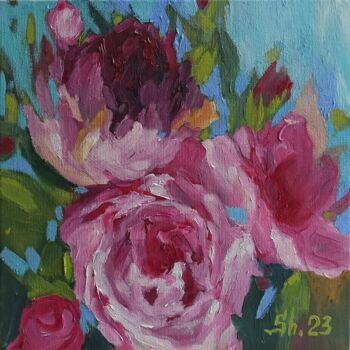 Картина под названием "Roses Peonies Delic…" - Svetlana Sindere, Подлинное произведение искусства, Масло Установлен на картон