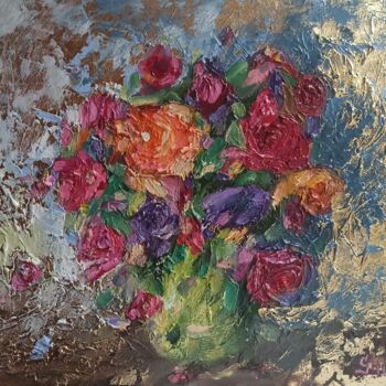 Painting titled "Roses Painting Flow…" by Svetlana Sindere, Original Artwork, Oil Mounted on Wood Stretcher frame