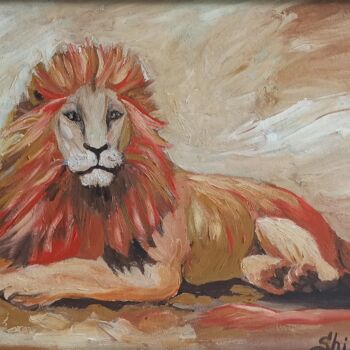 Painting titled "Lion Painting Anima…" by Svetlana Sindere, Original Artwork, Oil Mounted on Cardboard