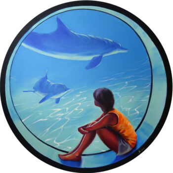Painting titled "Girl and a Dolphin" by Svetlana Iskoskikh, Original Artwork, Acrylic Mounted on Wood Stretcher frame