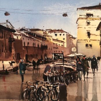 Painting titled "Verona’s bikes" by Svetlana Kostina, Original Artwork, Watercolor