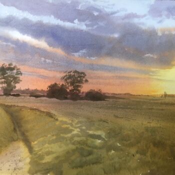 Schilderij getiteld "Golden sunset in Cy…" door Svetlana Kostina, Origineel Kunstwerk, Aquarel