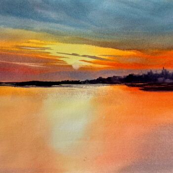 Painting titled "Sunset over the lake" by Svetlana Kostina, Original Artwork, Watercolor