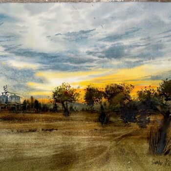 Painting titled "Olive trees. Sunset…" by Svetlana Kostina, Original Artwork, Watercolor