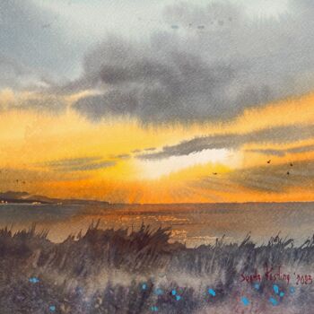 Malarstwo zatytułowany „Sunset, Cyprus, Lap…” autorstwa Svetlana Kostina, Oryginalna praca, Akwarela