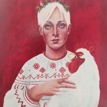 Pintura titulada "La Fille au Coq ou…" por Svetlana Maksimenko, Obra de arte original, Oleo Montado en Bastidor de camilla d…