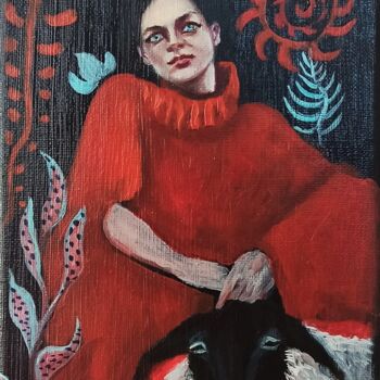 Painting titled "La dame au mouton" by Svetlana Maksimenko, Original Artwork, Oil Mounted on Wood Stretcher frame