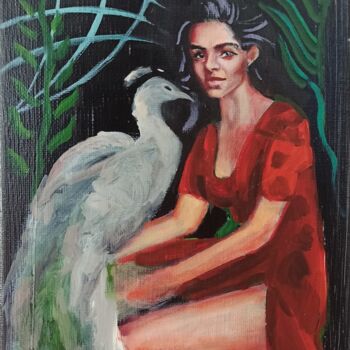 Peinture intitulée "La dame au paon" par Svetlana Maksimenko, Œuvre d'art originale, Huile Monté sur Châssis en bois