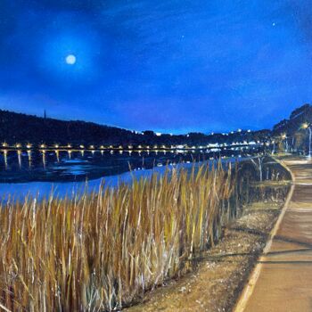 Painting titled "Full moon on Lake L…" by Svetlana Pataridze, Original Artwork, Lacquer