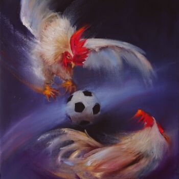 Schilderij getiteld "Петухи и футбол" door Svetlana Razumova, Origineel Kunstwerk, Olie