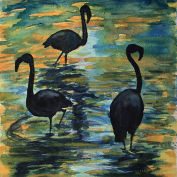 Painting titled "FLAMINGOS... SUNSET…" by Svetlana Samovarova (SA.LANA), Original Artwork, Watercolor