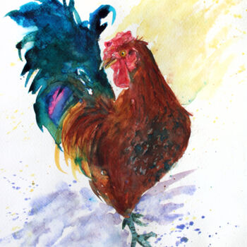 Painting titled "ROOSTER I" by Svetlana Samovarova (SA.LANA), Original Artwork, Watercolor