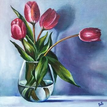 Schilderij getiteld "Tulips in a glass v…" door Svetlana Samsonova, Origineel Kunstwerk, Olie