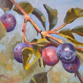 Schilderij getiteld "Plum fruits on a br…" door Svetlana Shcherilya, Origineel Kunstwerk, Olie Gemonteerd op Karton