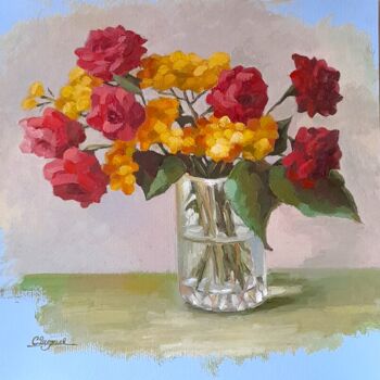 Schilderij getiteld "Tansy and roses" door Svetlana Shcherilya, Origineel Kunstwerk, Olie