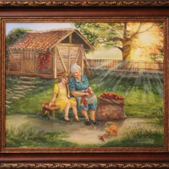 Painting titled "Бабушкины помощники" by Svetlana Verisova /Brezashka/, Original Artwork, Oil Mounted on Wood Stretcher frame