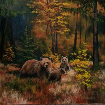 Painting titled "Bears in the autumn…" by Svetlana Verisova /Brezashka/, Original Artwork, Oil Mounted on Wood Stretcher fra…
