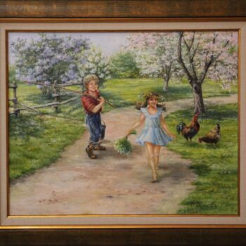 Painting titled "Village love" by Svetlana Verisova /Brezashka/, Original Artwork, Oil Mounted on Wood Stretcher frame