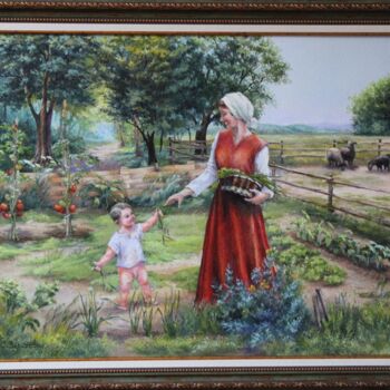 Painting titled "Im Garten mit Mama" by Svetlana Verisova /Brezashka/, Original Artwork, Oil Mounted on Wood Stretcher frame