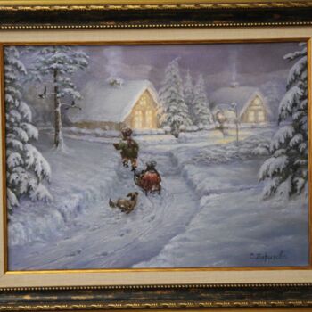 Painting titled "Winter fun" by Svetlana Verisova /Brezashka/, Original Artwork, Oil Mounted on Wood Stretcher frame
