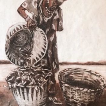 Drawing titled "Mosadi with baskets…" by Svet Schiel Gallery, Original Artwork, Terra cotta