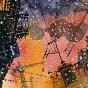 "Закат над городом" başlıklı Tablo Ivan Sviridov tarafından, Orijinal sanat, Petrol