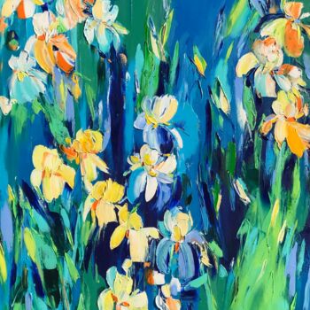 Painting titled "Narcissistic Irises" by Svitlana Andriichenko, Original Artwork, Oil Mounted on Wood Stretcher frame